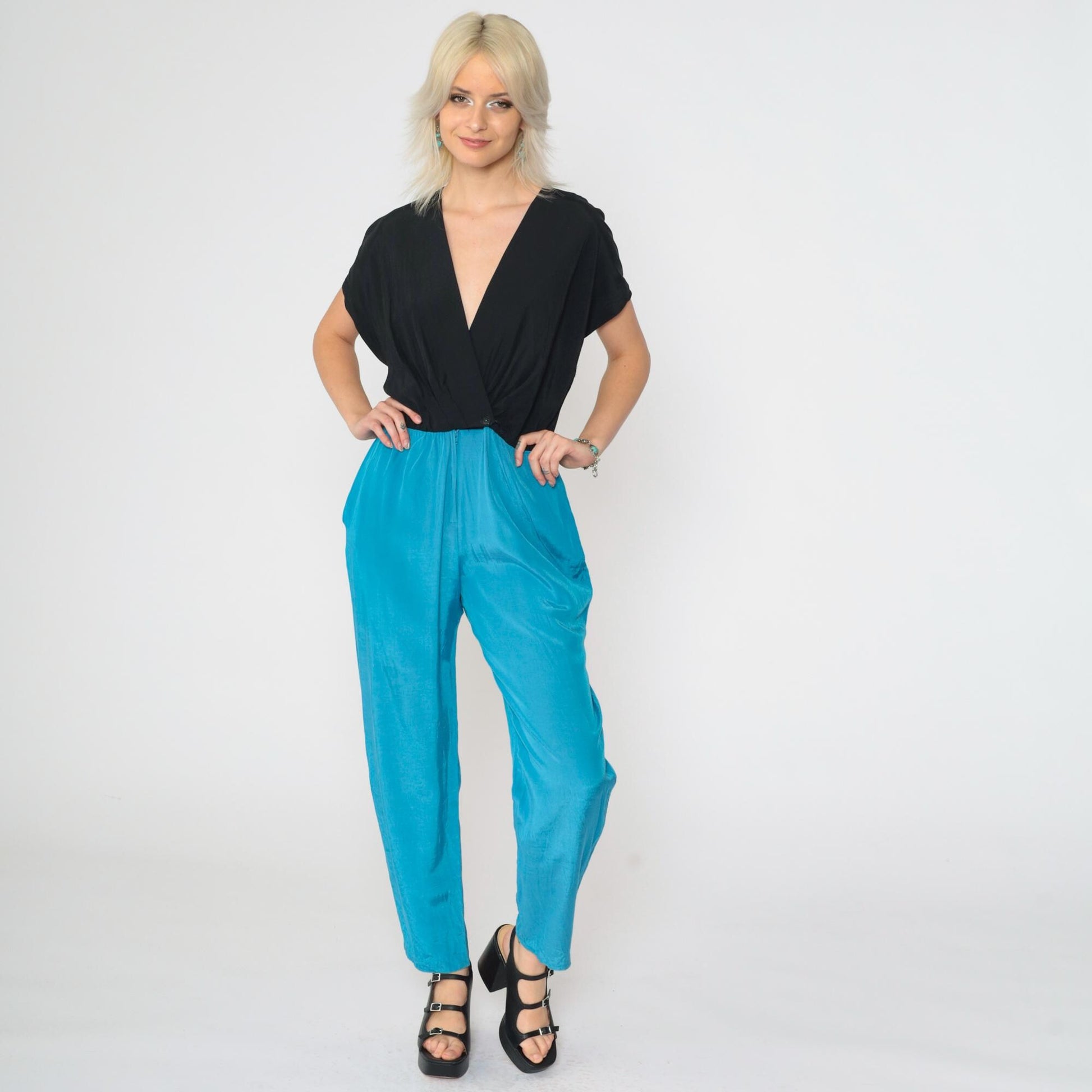 80s Colour Block Jumpsuit Black Blue Wrap V-Neck Tapered Small S