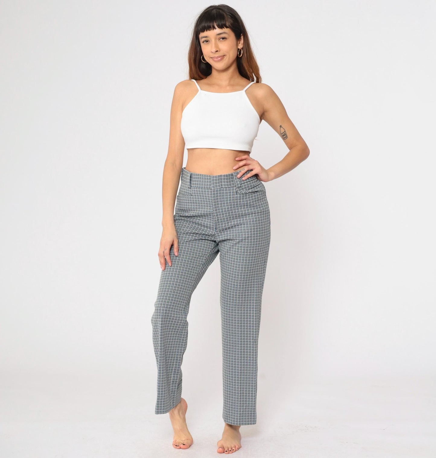 70s Checkered High-Waisted Straight Leg Trousers Grey Blue Medium