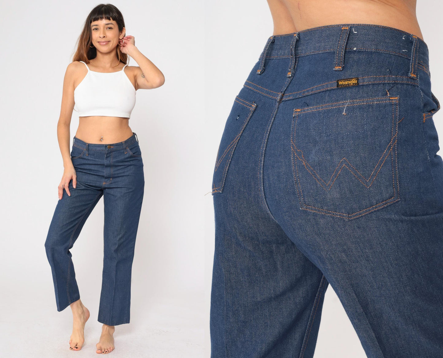 70s Wrangler Flare Jeans High Waist Dark Blue Denim Men's 32x36