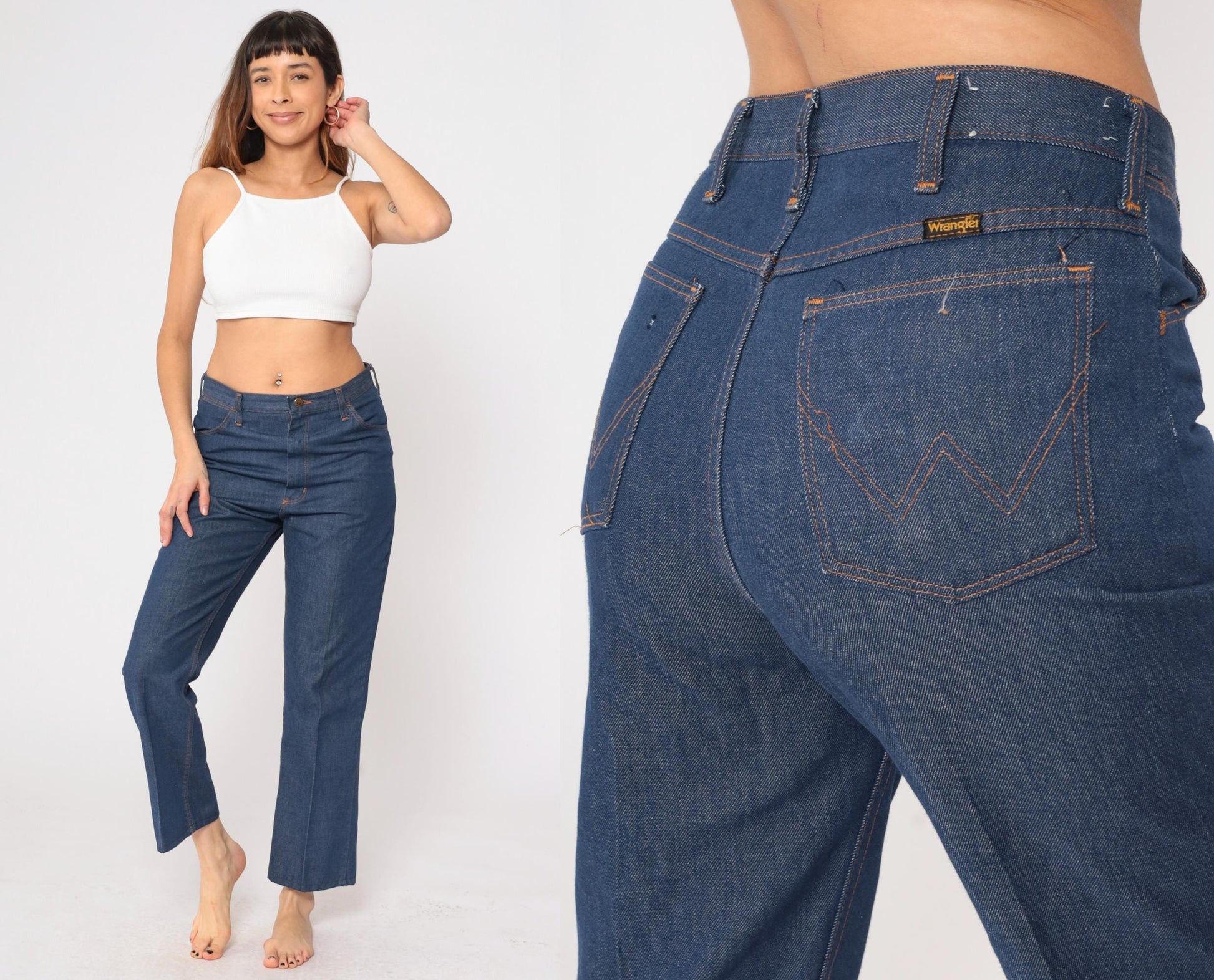 70s Wrangler Flare Jeans High Waist Dark Blue Denim Men's 32x36