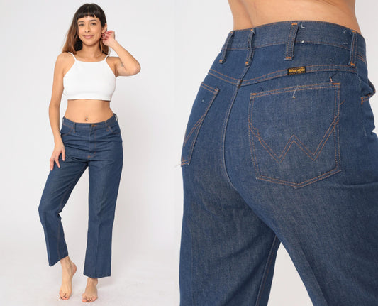 70s Wrangler Flare Jeans High Waist Dark Blue Denim Men's 32x36