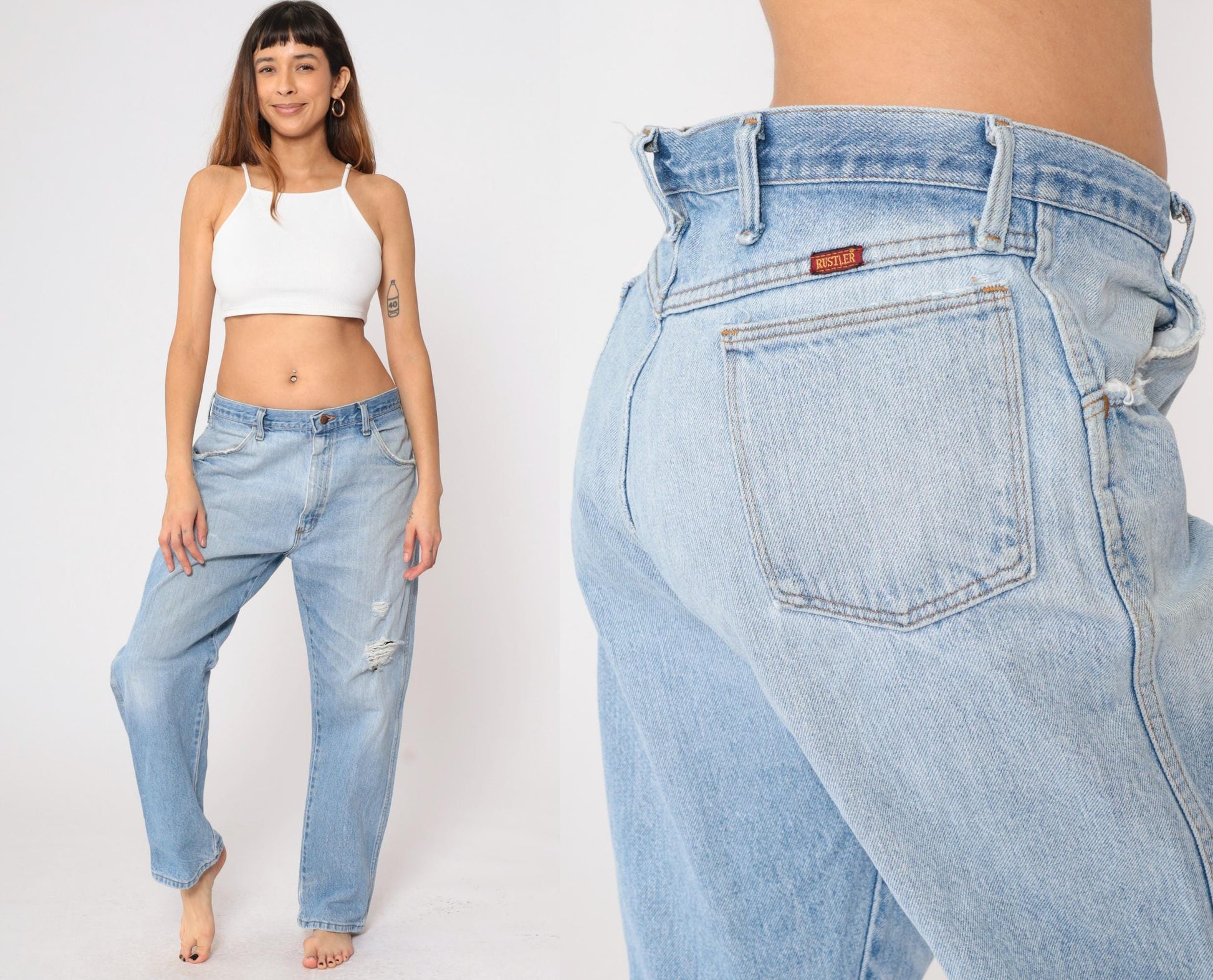 90s Rustler High Rise Straight Leg Jeans Blue Distressed Ripped 38x30
