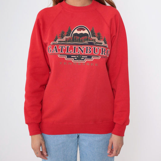 90s Gatlinburg Tennessee Sweatshirt Red Crewneck Great Smoky Mountains Graphic Medium