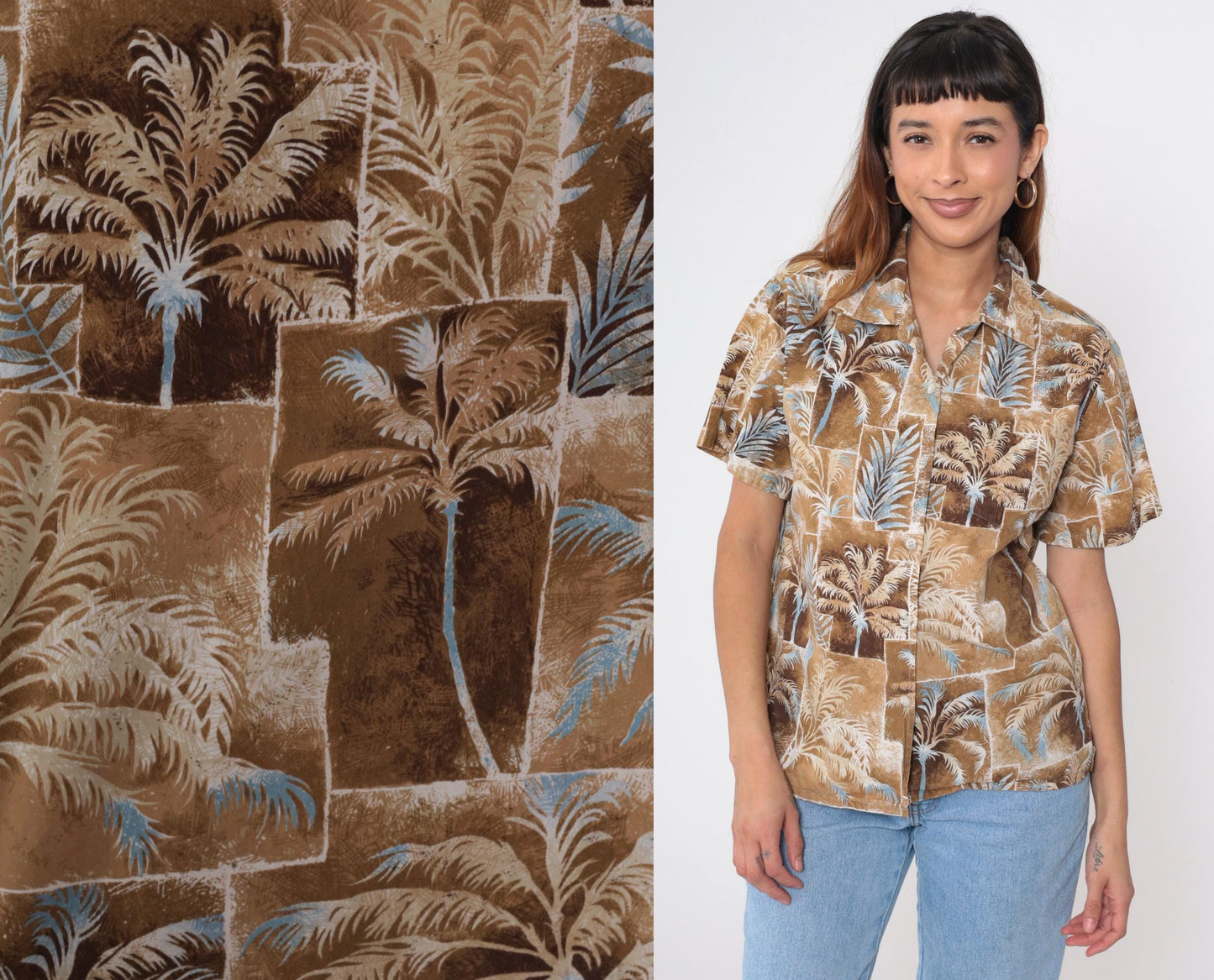 90s Hawaiian Shirt Brown Palm Tree Print Cotton Button Up Medium