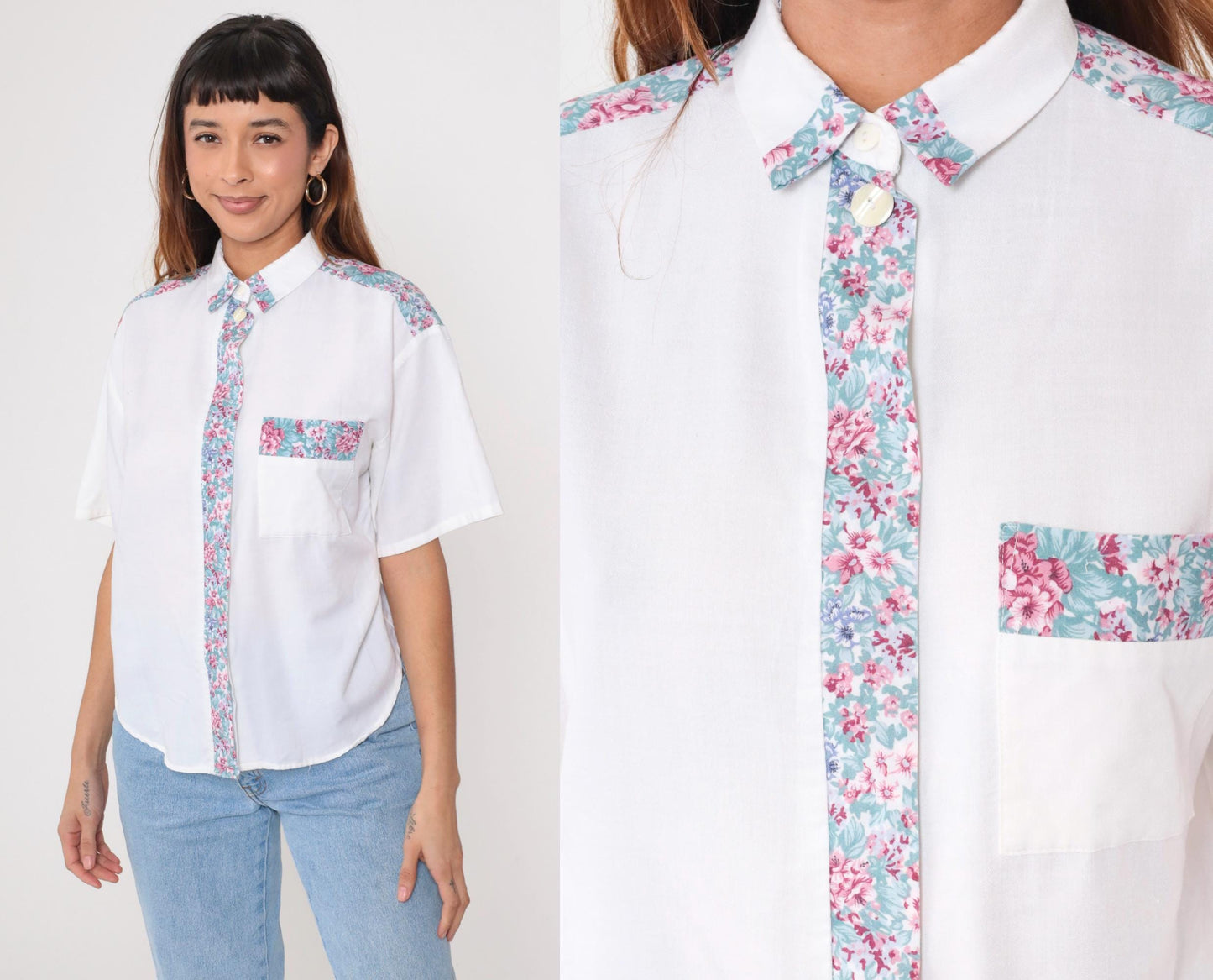 90s Fritzi Petites White Floral Button-Up Blouse Short Sleeve Medium