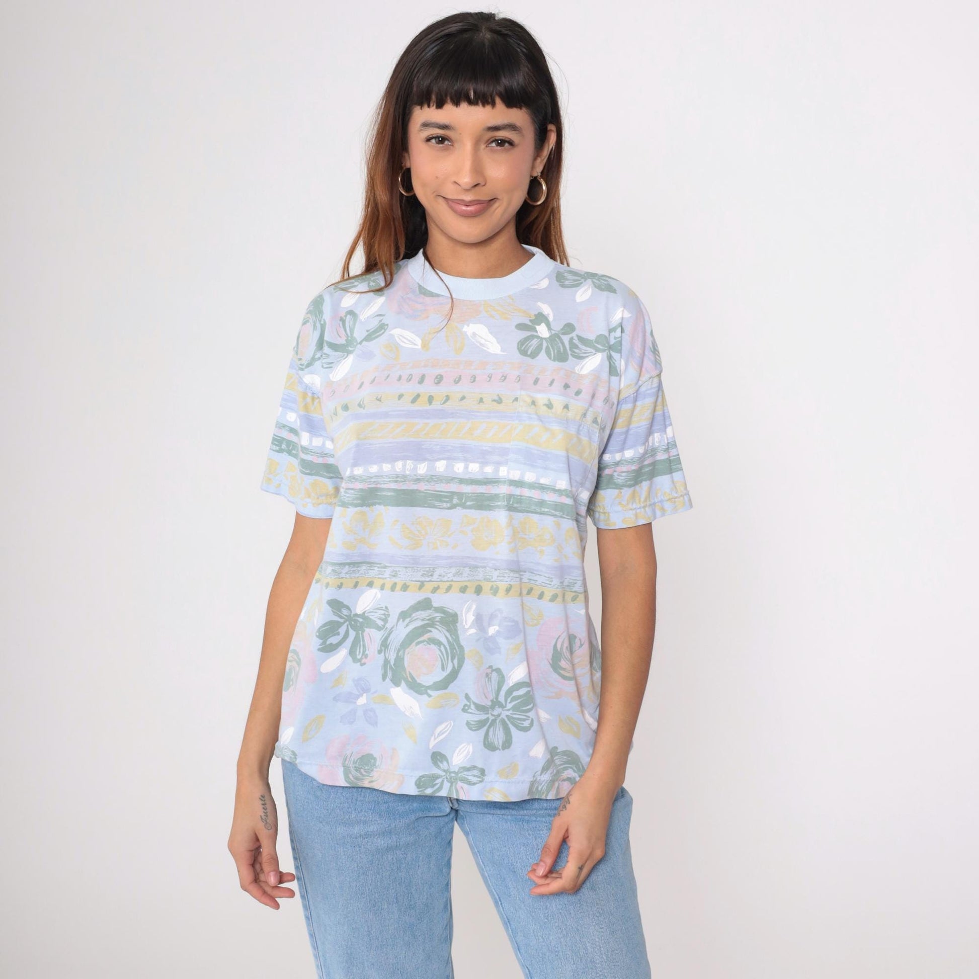 90s Floral Ringer Tee Pastel Blue Striped Graphic T-Shirt Large L
