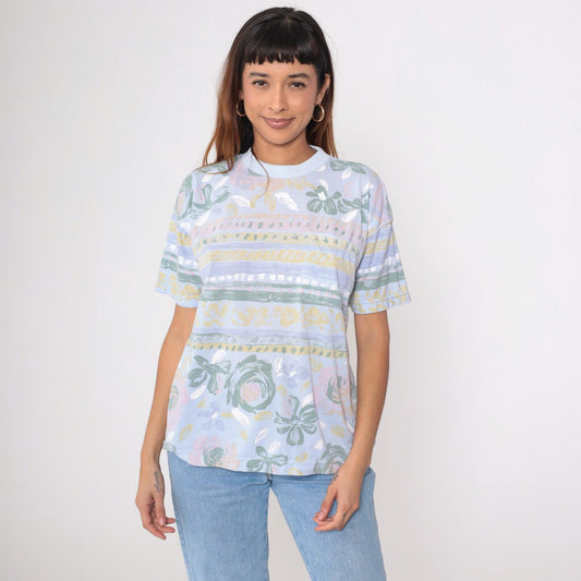 90s Floral Ringer Tee Pastel Blue Striped Graphic T-Shirt Large L
