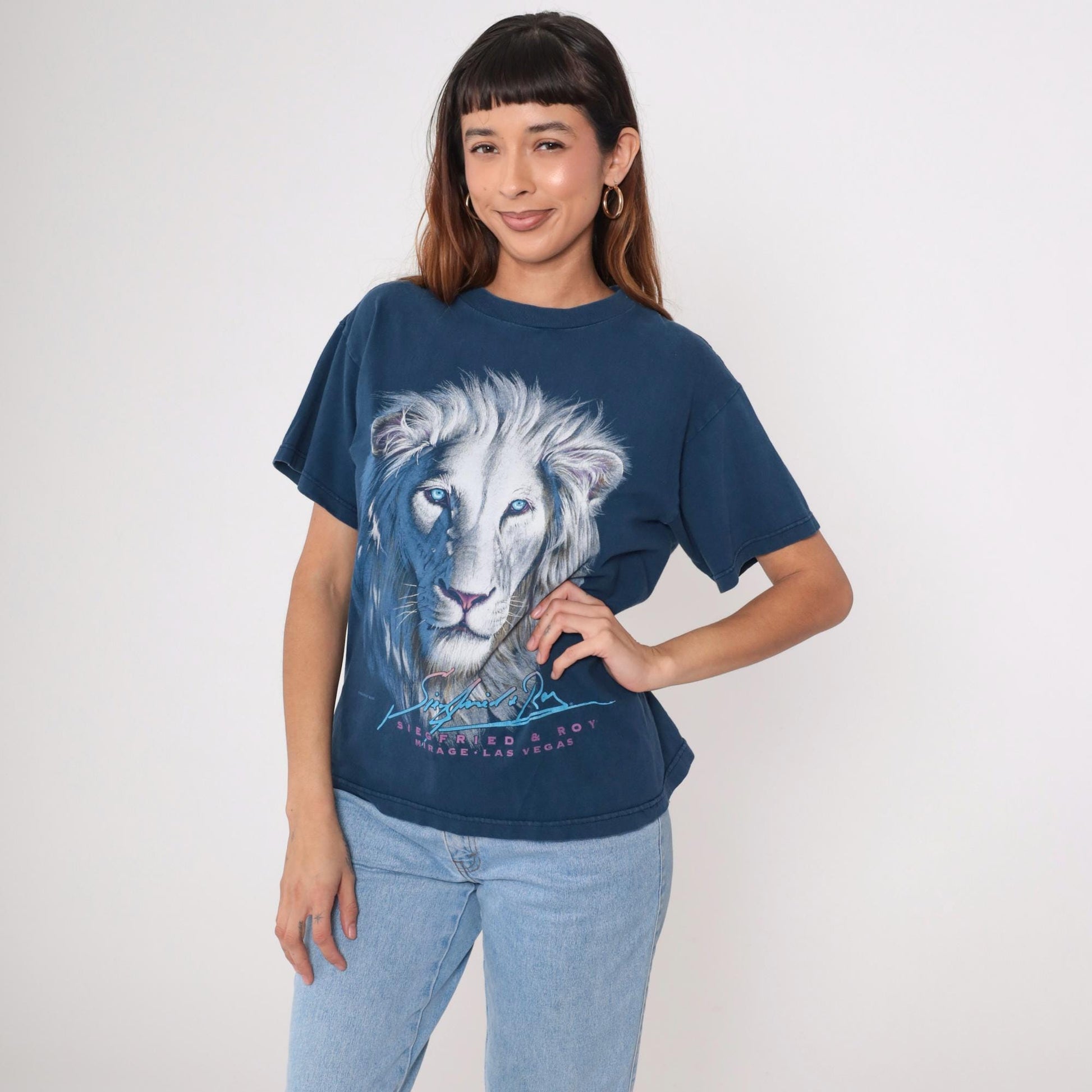 90s Siegfried & Roy Lion Graphic T Shirt Mirage Las Vegas Navy Medium