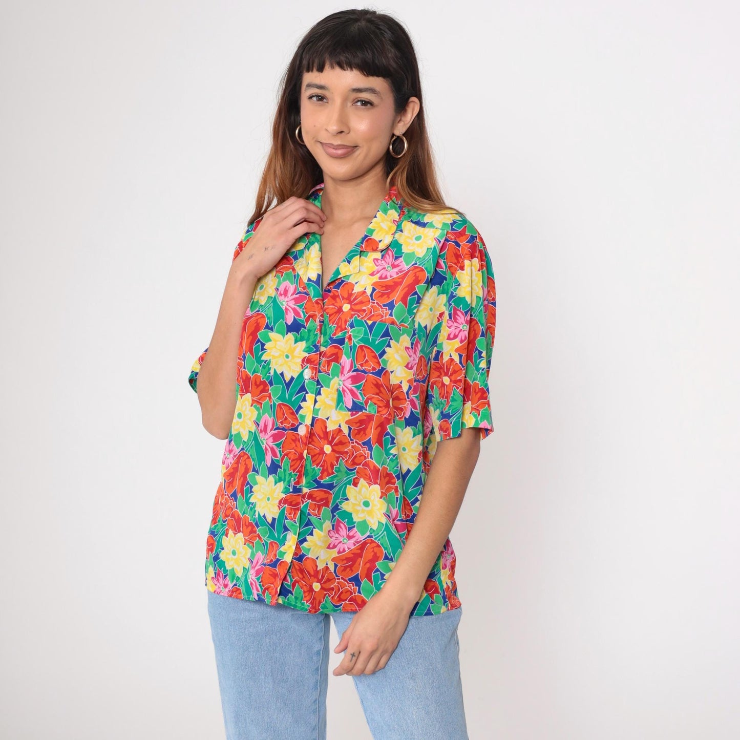 90s Floral Button-Up Blouse Multicolor Flower Print Short Sleeve Medium