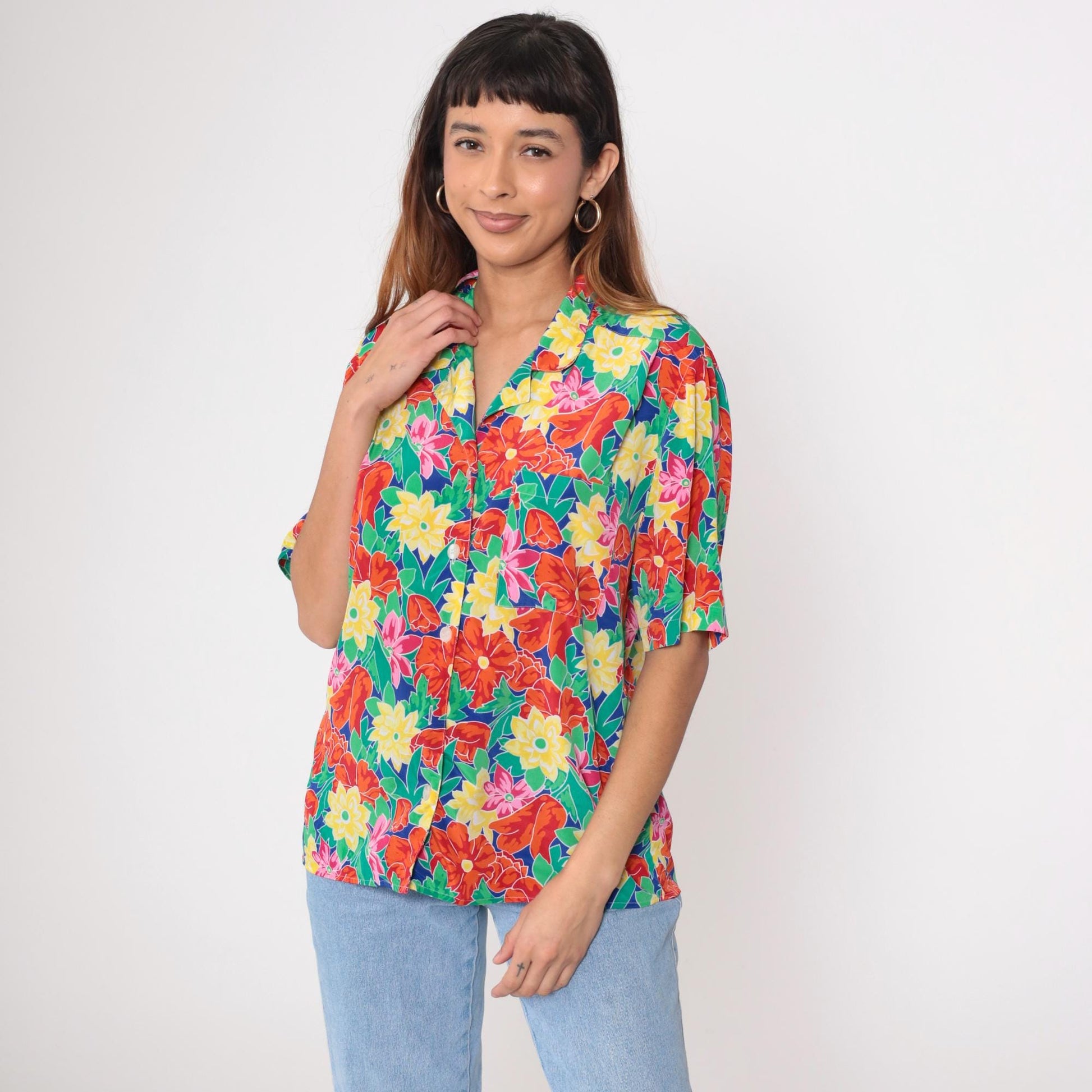 90s Floral Button-Up Blouse Multicolor Flower Print Short Sleeve Medium