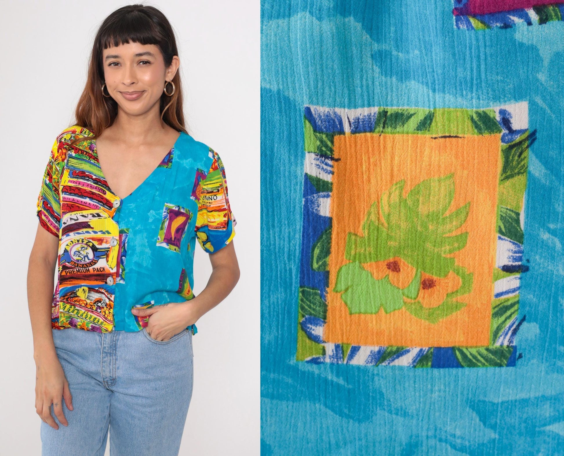 90s Key Lime Pie Tropical Fruit Guitar Print Rayon Button-Up Blouse Medium