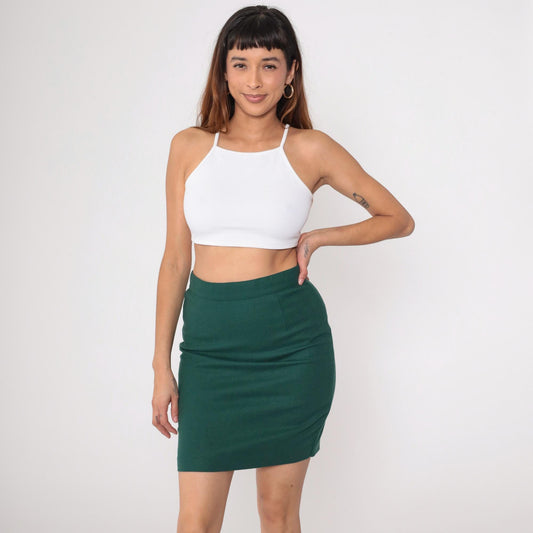 90s United Colors of Benetton Forest Green Wool Mini Pencil Skirt Small