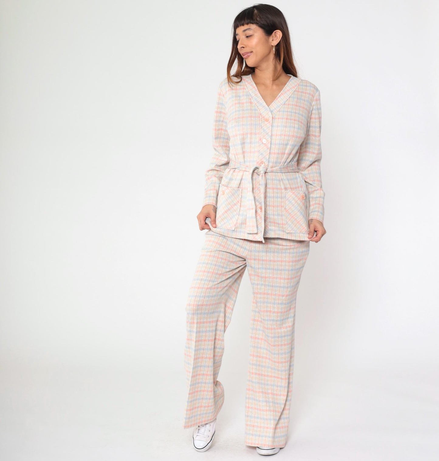 70s Pink Blue Checkered Two Piece Set Wide Leg Pants Blouse Large L
