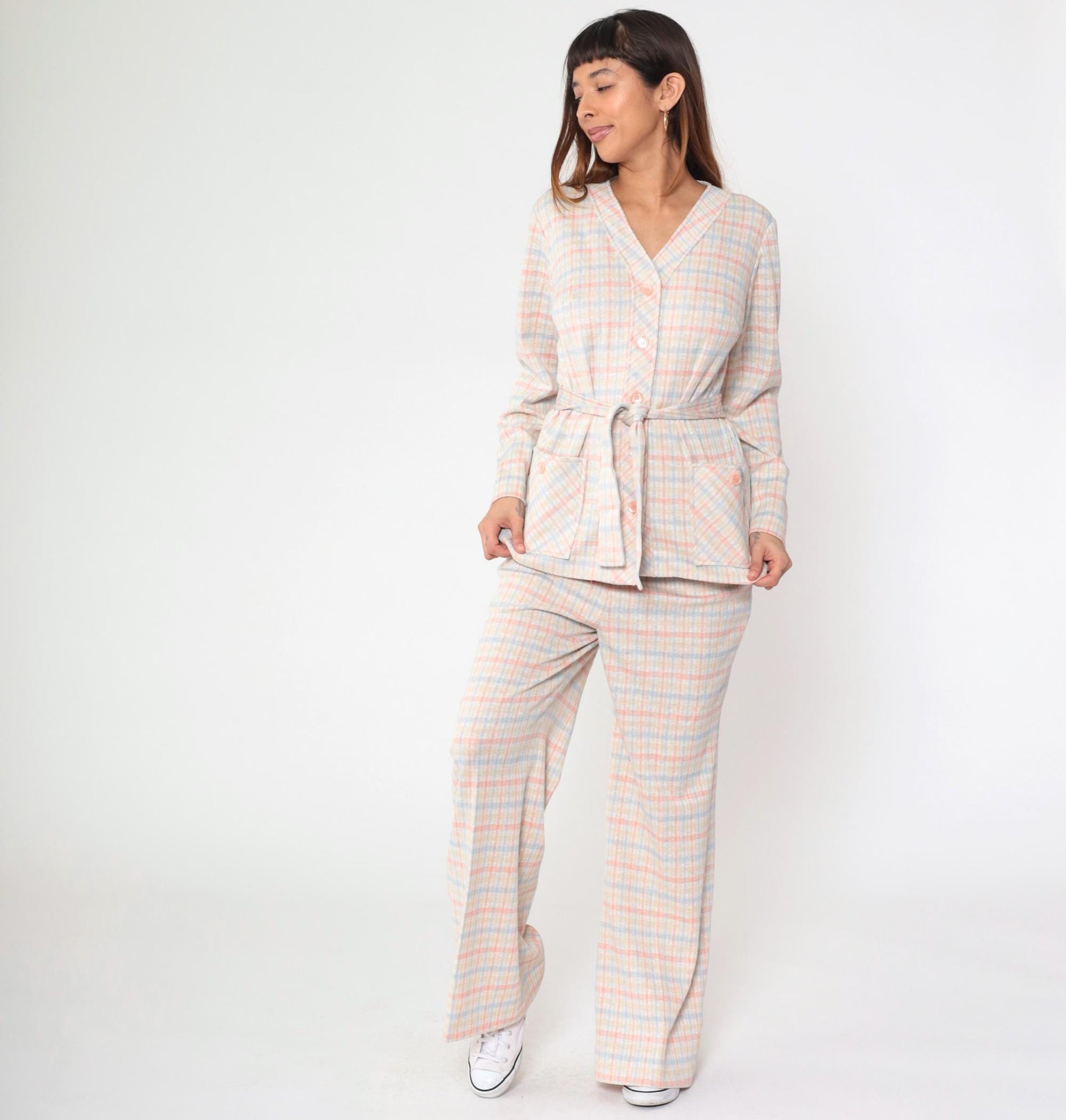 70s Pink Blue Checkered Two Piece Set Wide Leg Pants Blouse Large L