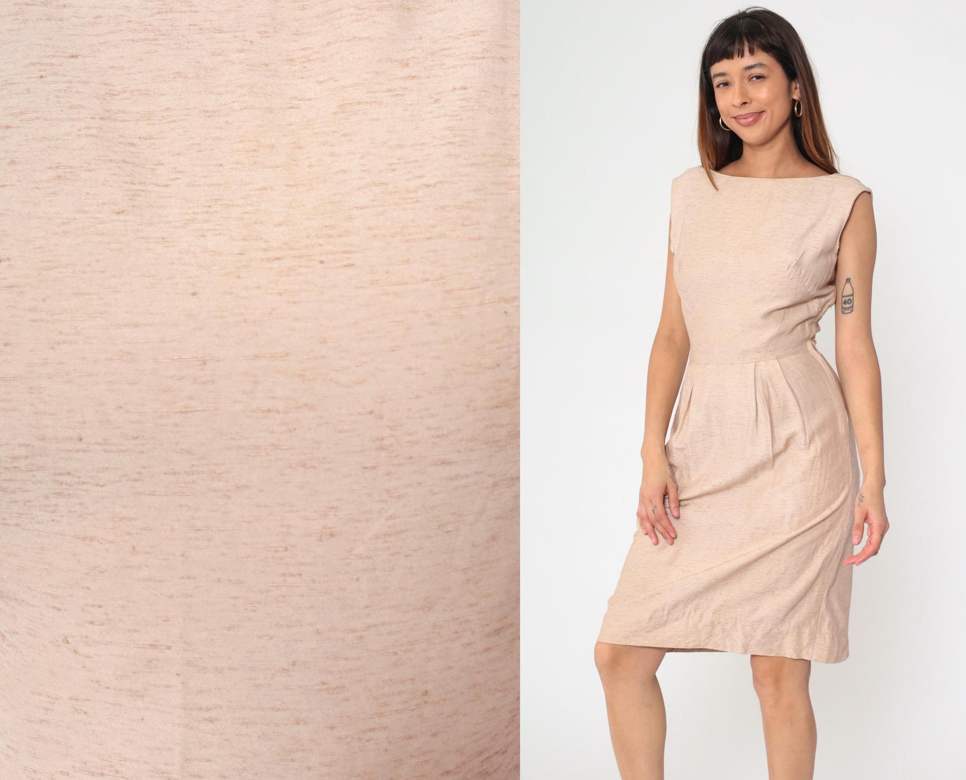 1960s Blush Pink Cocktail Dress Boatneck Wiggle Sheath Knee Small
