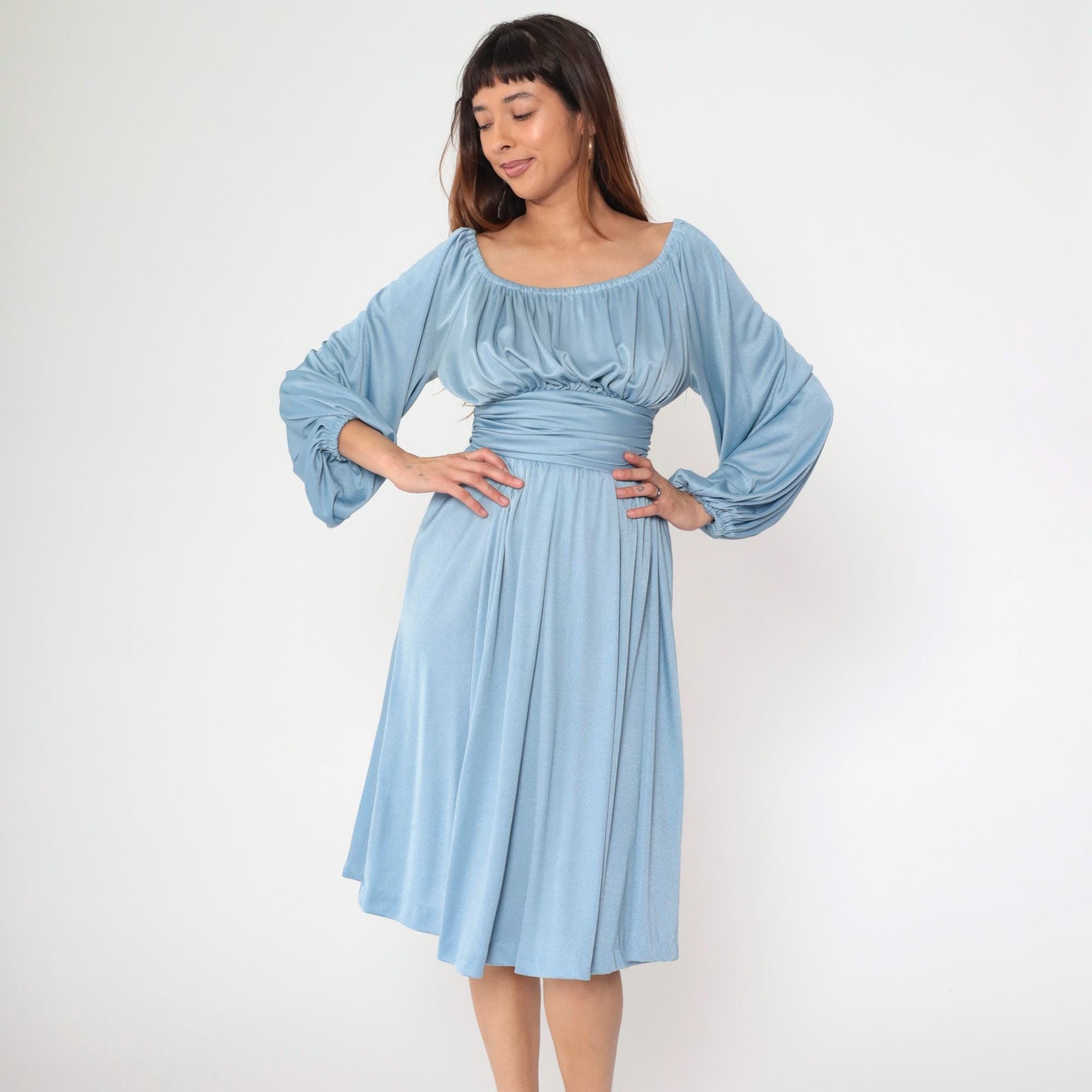 70s Blue Peasant Midi Dress Empire Waist Long Sleeve Off-Shoulder Extra Small