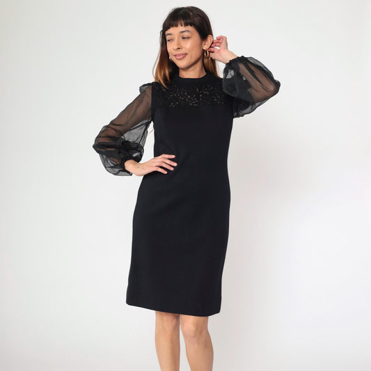 60s R & K Knits Black Sheath Dress Soutache Organza Sleeves Small