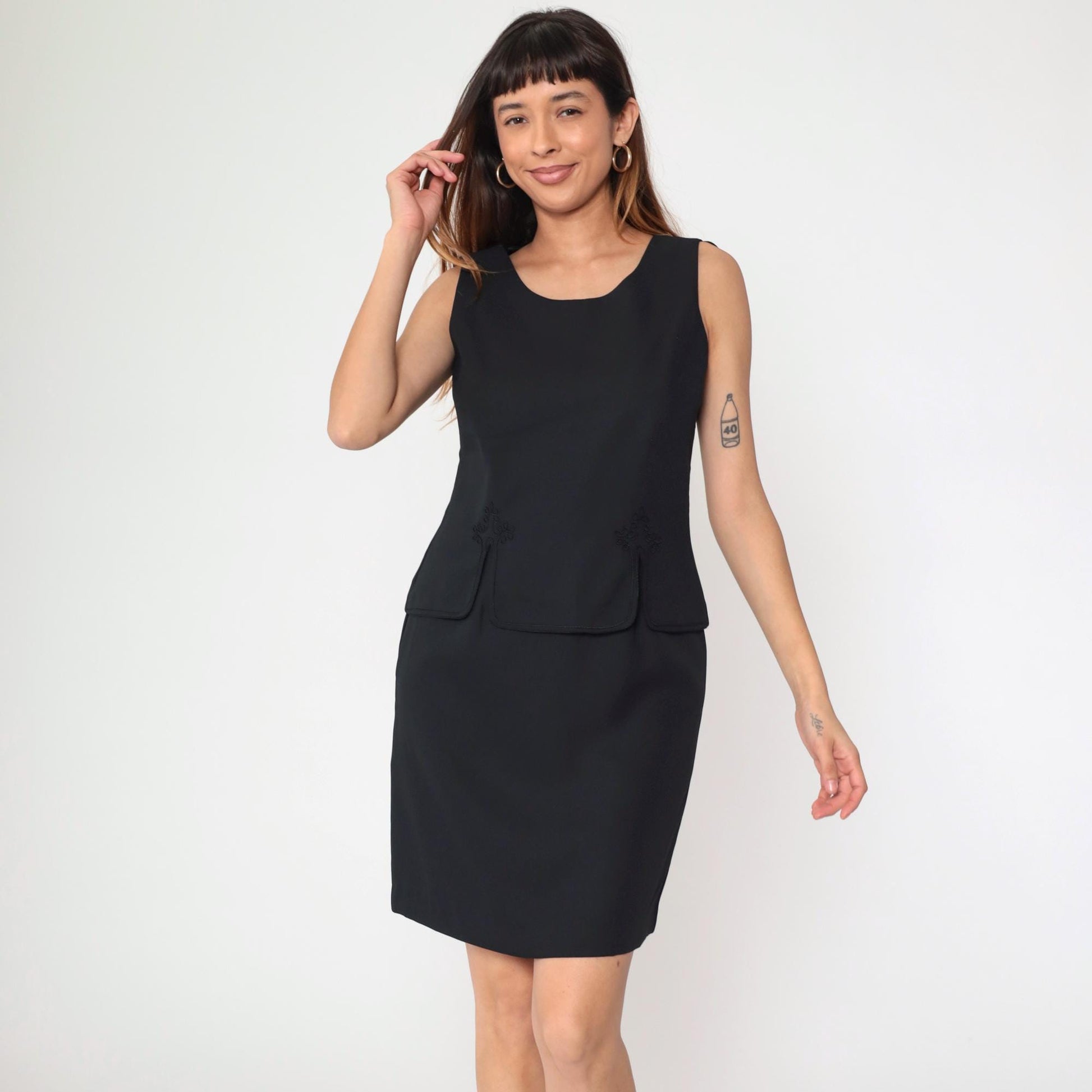 90s Black Mini Dress Soutache Trim Sleeveless Sheath Medium M