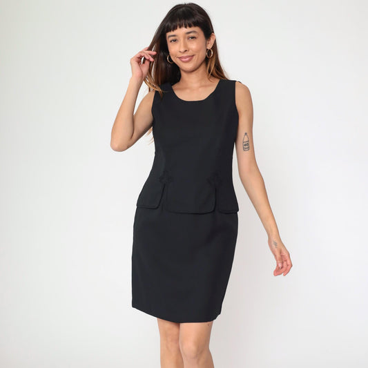 90s Black Mini Dress Soutache Trim Sleeveless Sheath Medium M