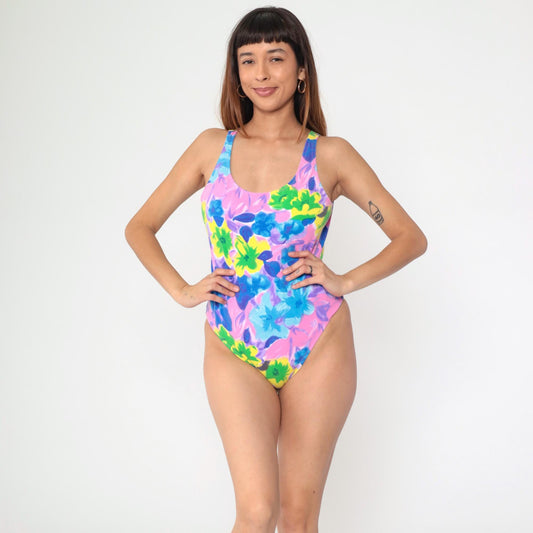 90s Floral One-Piece Swimsuit Scoop Back Pink Purple Blue Medium