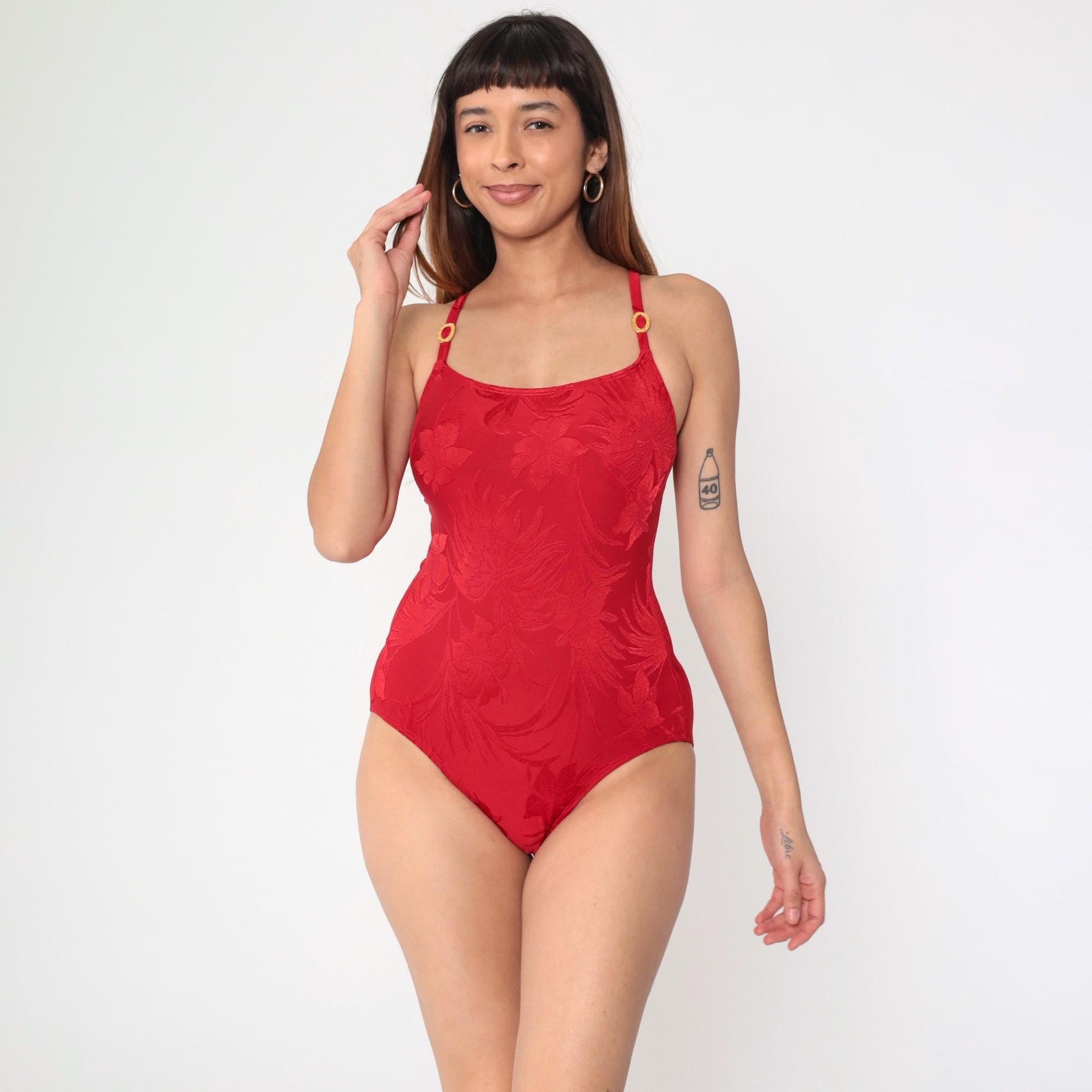 90s Red Floral Embossed One-Piece Swimsuit Tropical Print Small