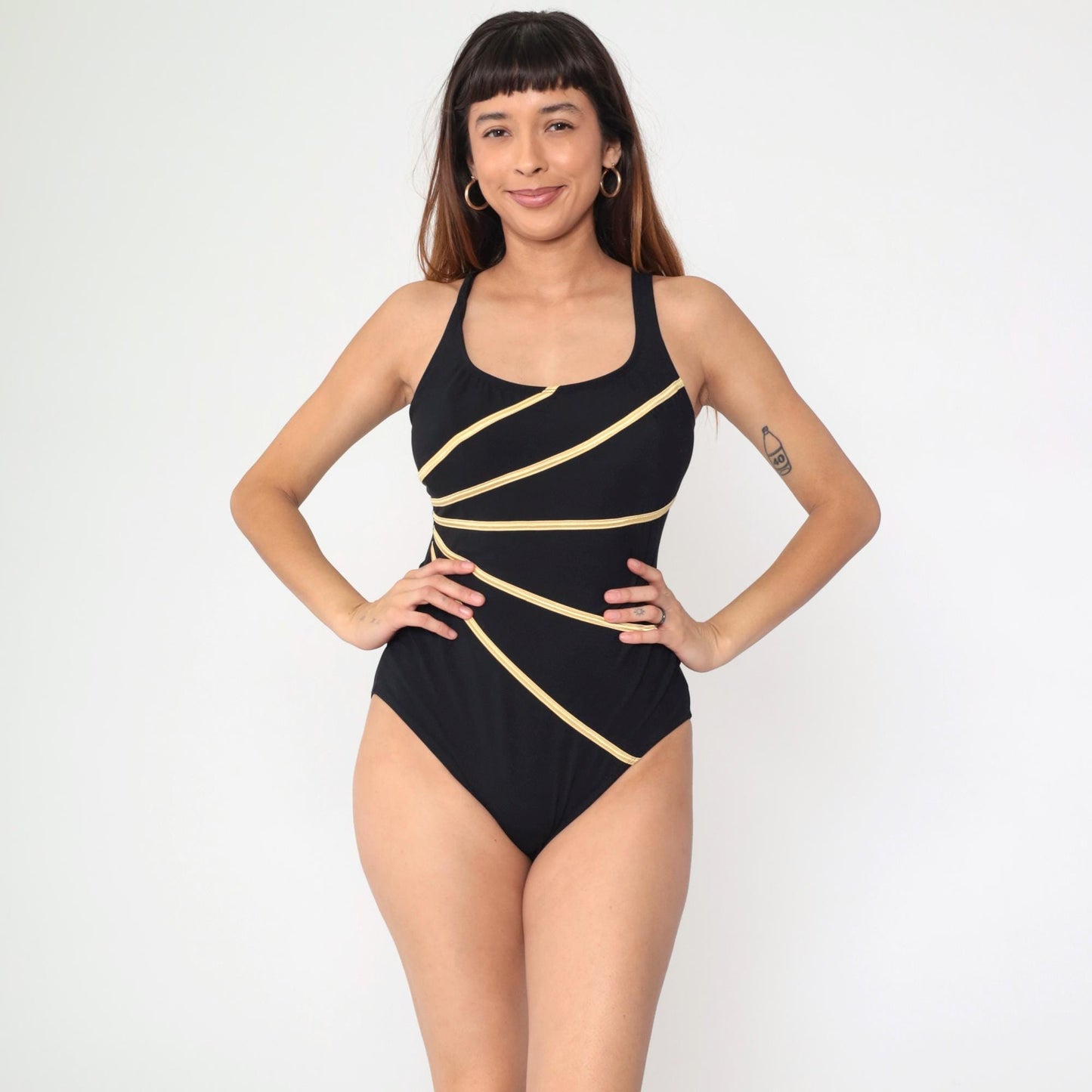 90s Black Gold Starburst One-Piece Swimsuit Scoop Back Large 12