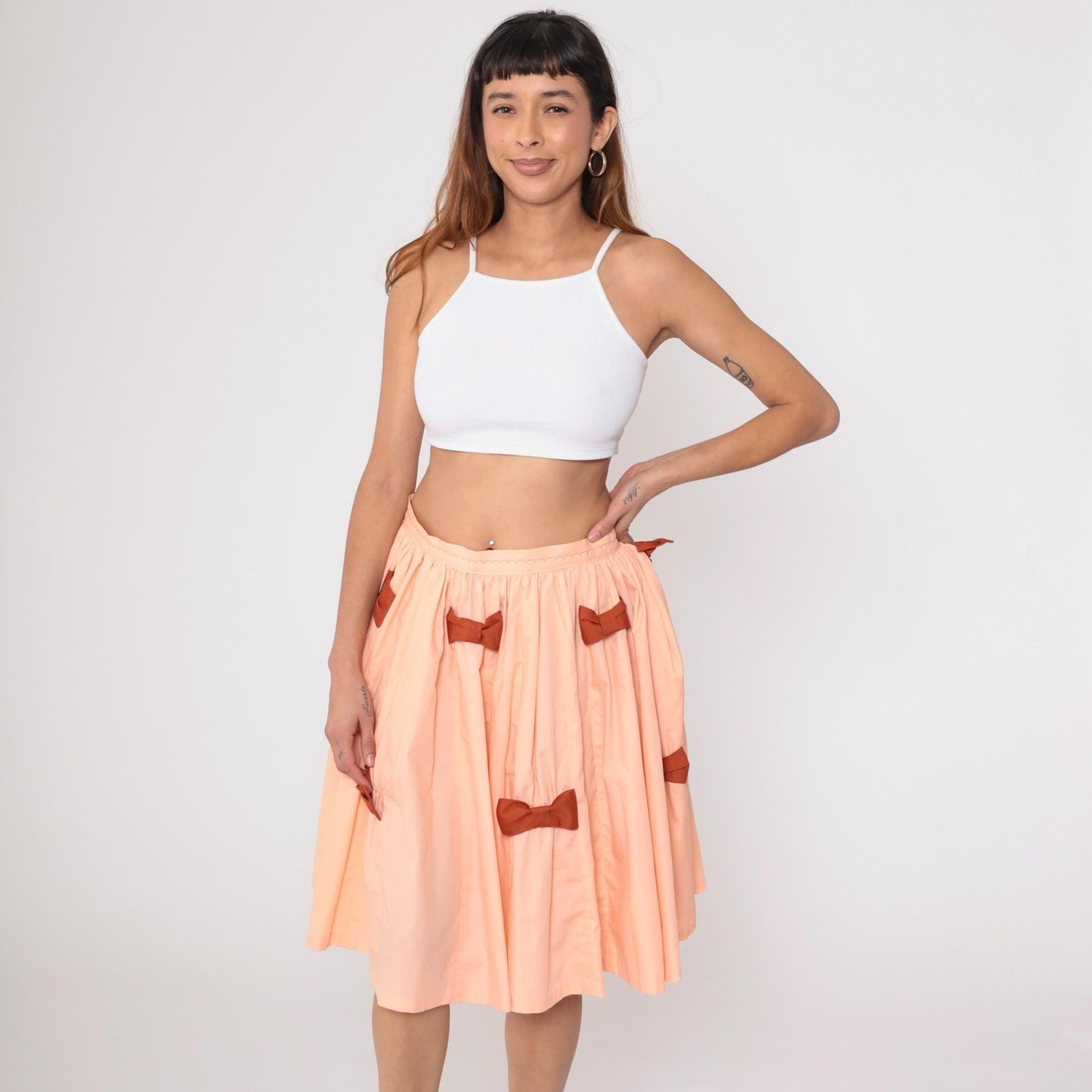 1970s Peach Full Circle Midi Skirt High Waisted Brown Bow Medium