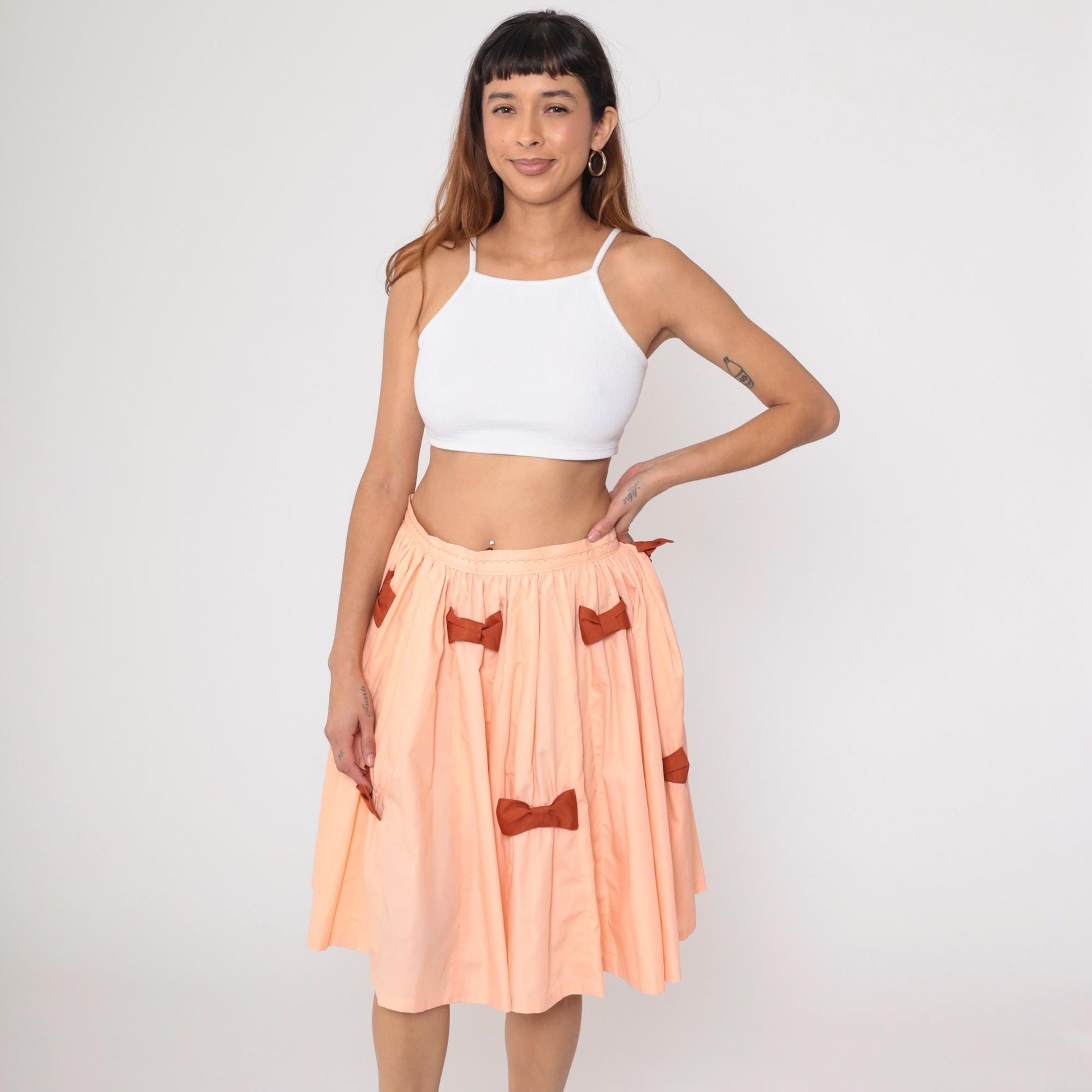 1970s Peach Full Circle Midi Skirt High Waisted Brown Bow Medium