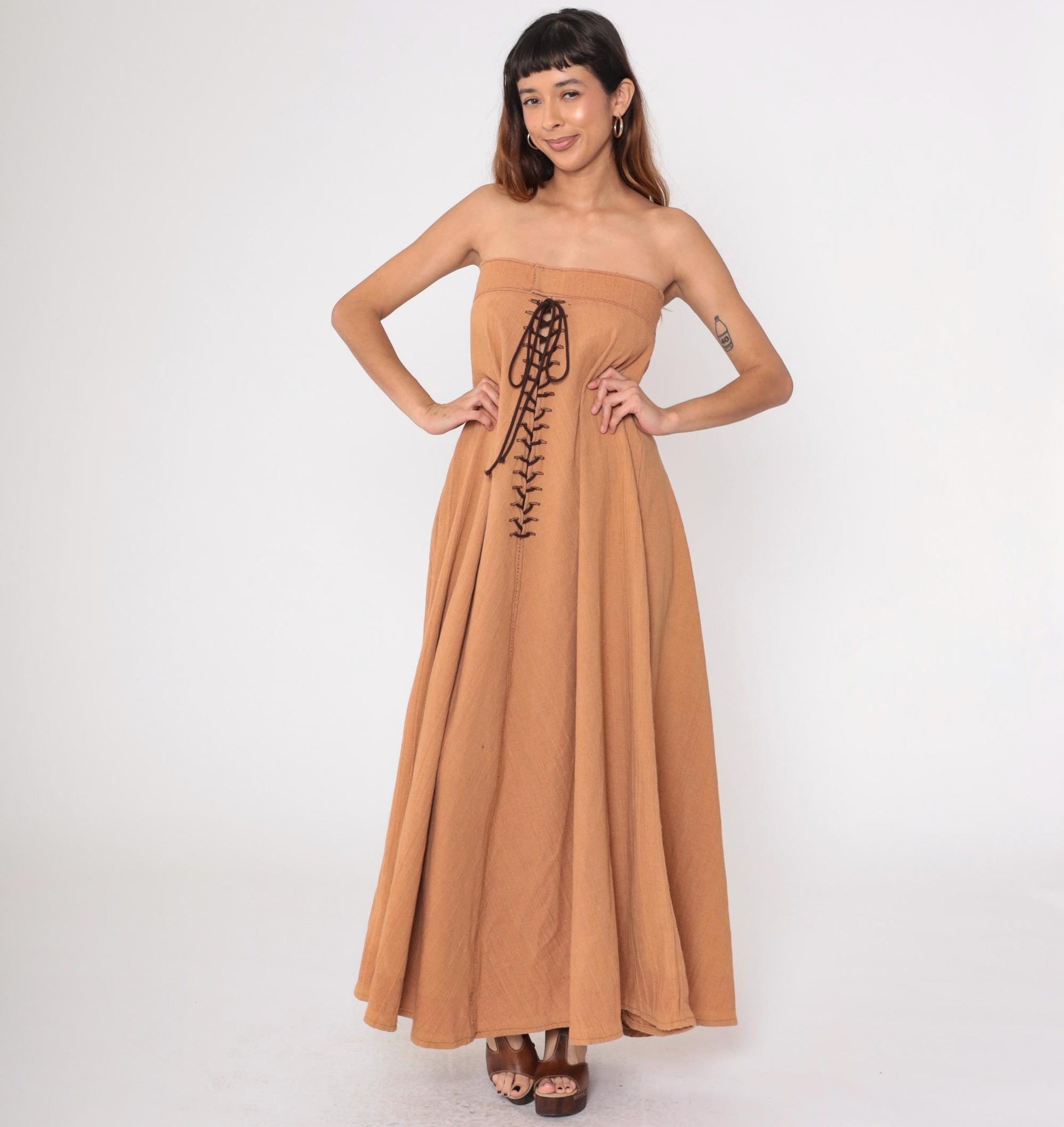 70s Brown Strapless Maxi Dress Lace Up Corset Front Small