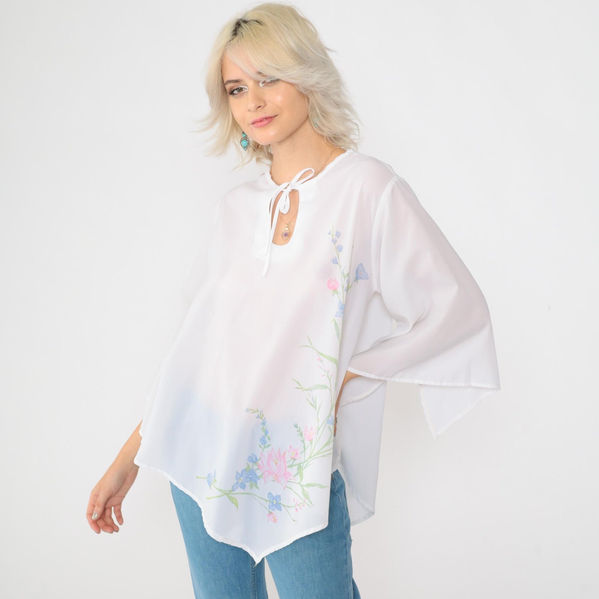 70s Teddi of California Floral Blouse White Bell Sleeve Keyhole Neck Medium