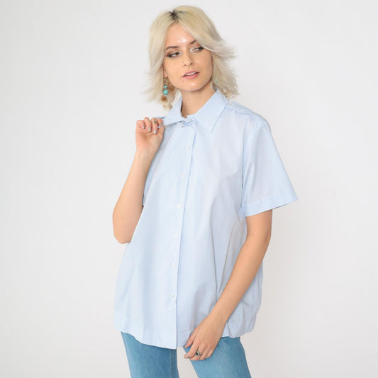 90s Baby Blue Maternity Utility Shirt Short Sleeve Button Up Small