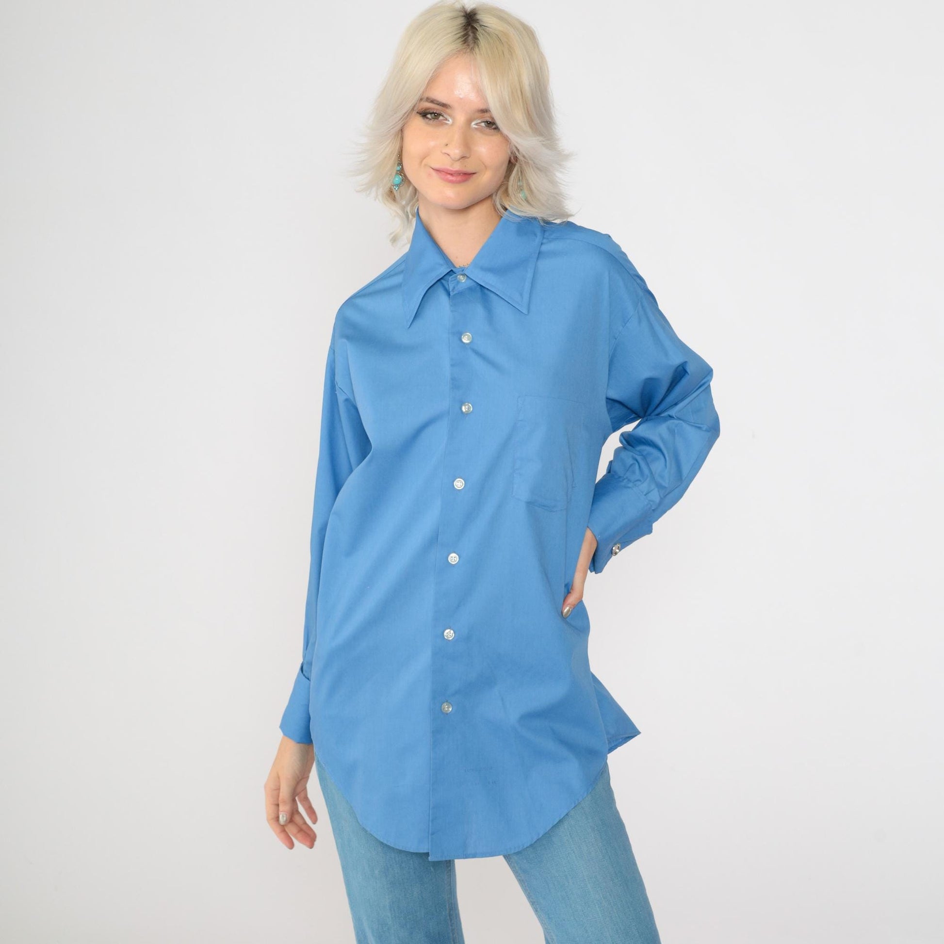 70s Capri by David of California Blue Button-Up Shirt Dagger Collar Large