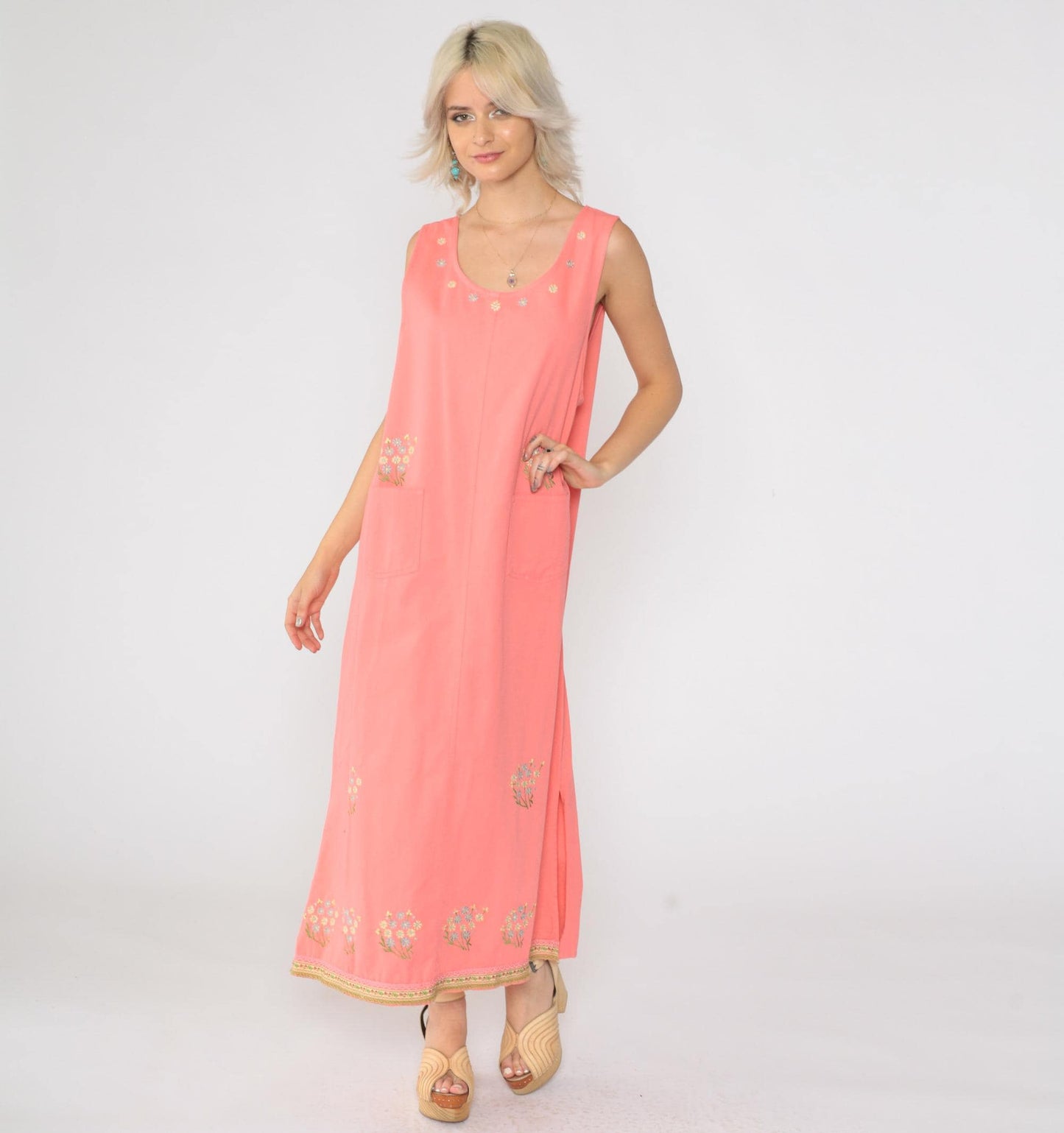 90s Pink Floral Embroidered Cotton Maxi Dress Sleeveless Large L