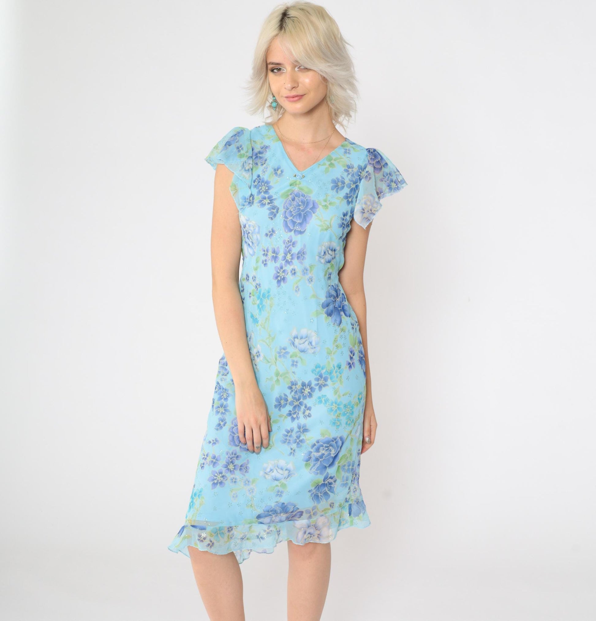 90s Blue Sparkly Floral Midi Dress Asymmetrical V-Neck Flutter Sleeve Small