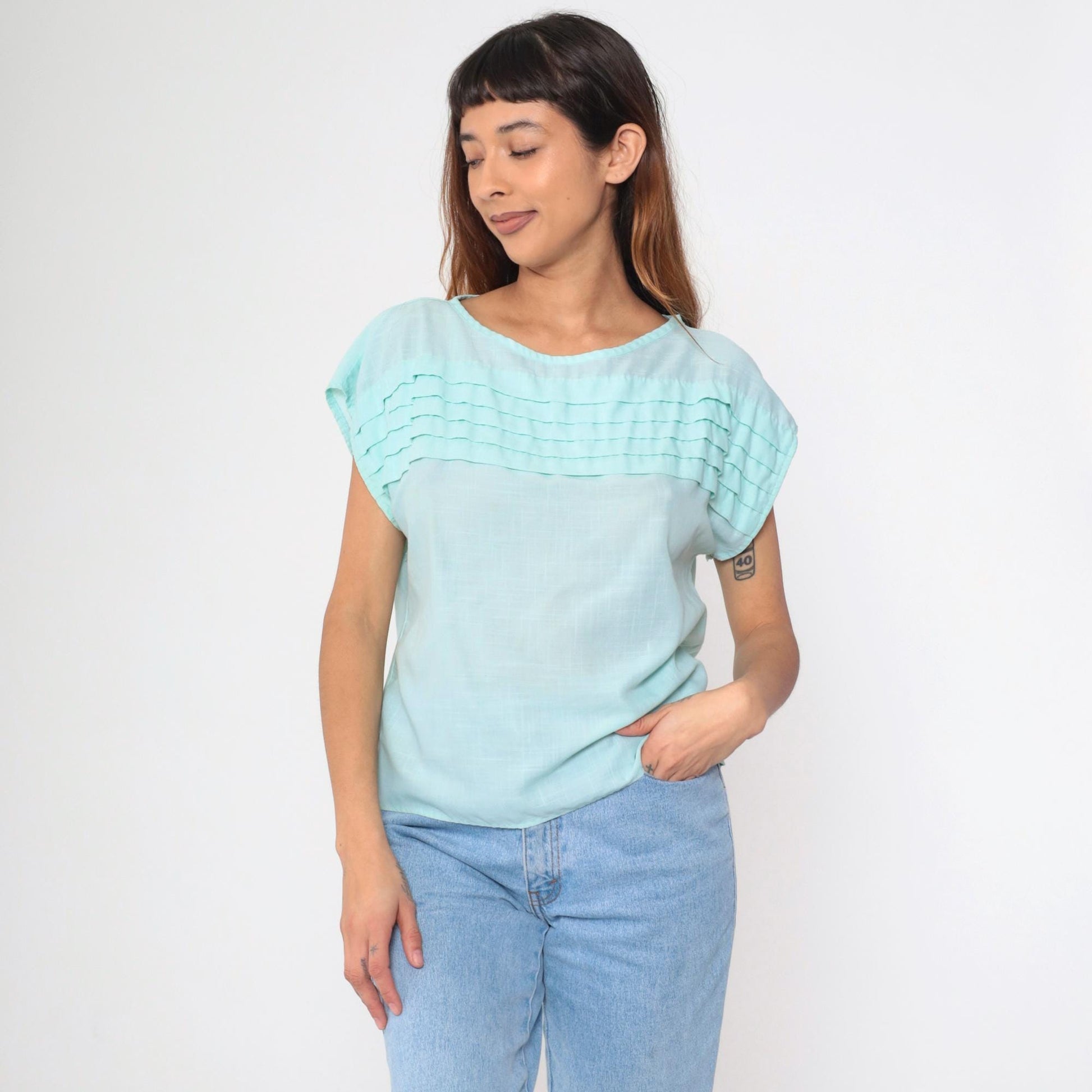 80s Angela Pellina Aqua Cap Sleeve Blouse Pleated Chest Medium
