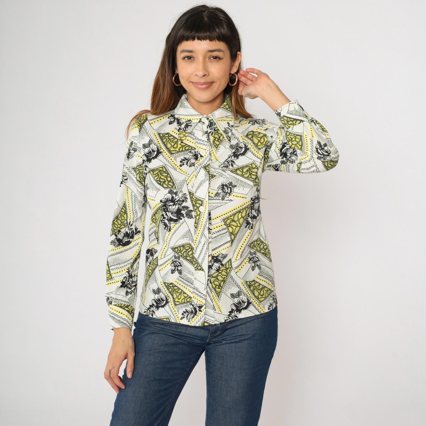 70s Floral Paisley Dagger Collar Button-Up Blouse Long Sleeve White Small