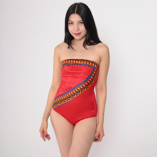 80s Red Geometric Strapless One-Piece Swimsuit Southwestern Small