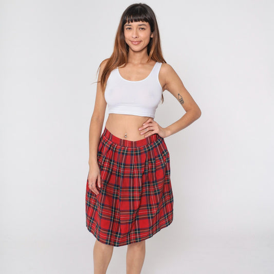 90s Red Plaid Pleated Midi Skirt High Waist Tartan Medium