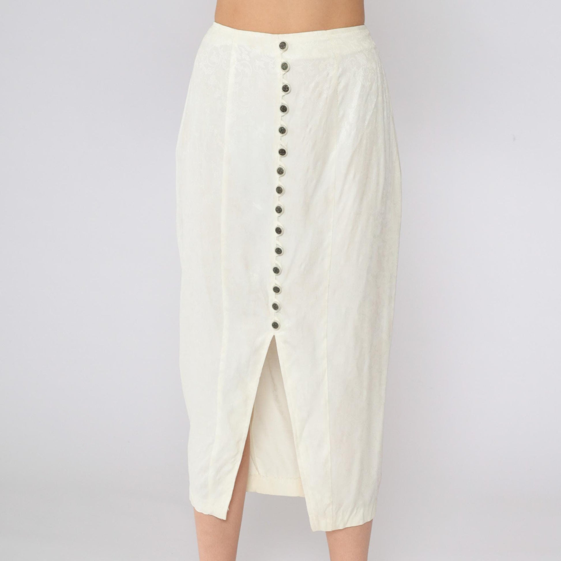 90s La Belle Cream Floral Button-Up Midi Skirt Embossed Small
