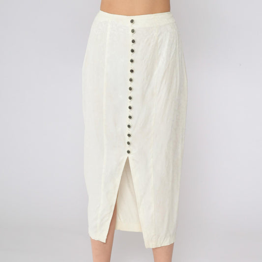90s La Belle Cream Floral Button-Up Midi Skirt Embossed Small
