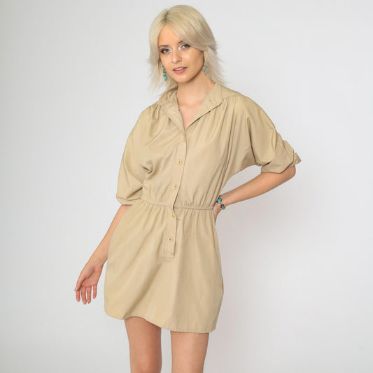 70s Tan Button-Up Mini Shirtdress High Waist Short Sleeve Small