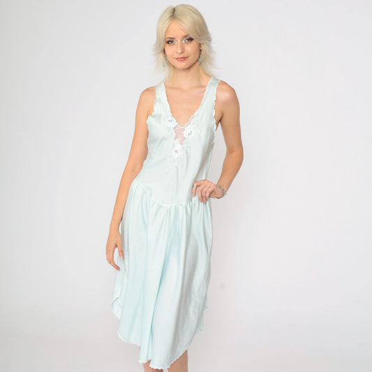 80s Baby Blue Satin Slip Dress Floral Embroidered Lace Midi Nightgown Extra Small