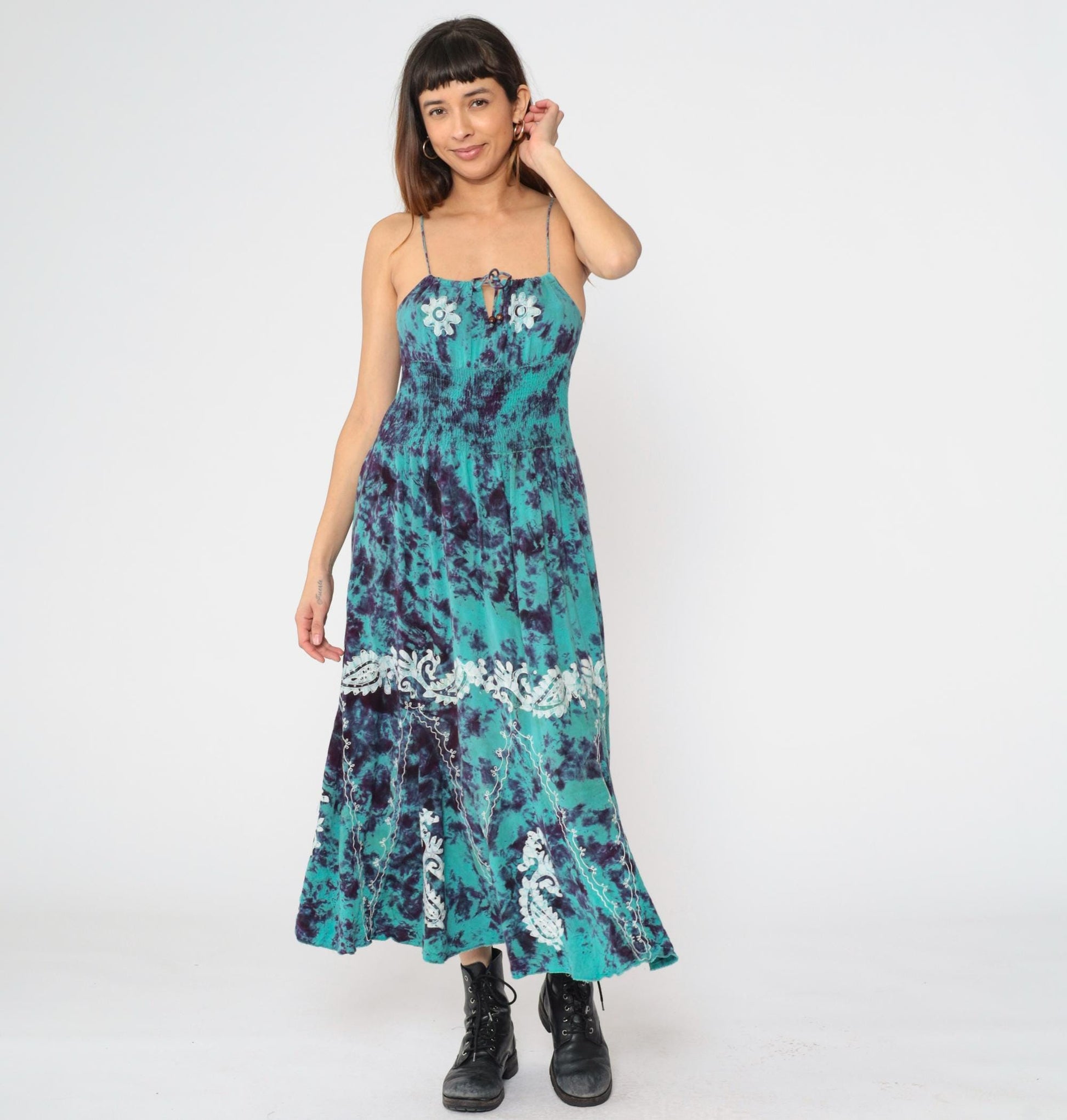 90s Tie Dye Midi Sun Dress Turquoise Purple Smocked Spaghetti Strap Small Medium