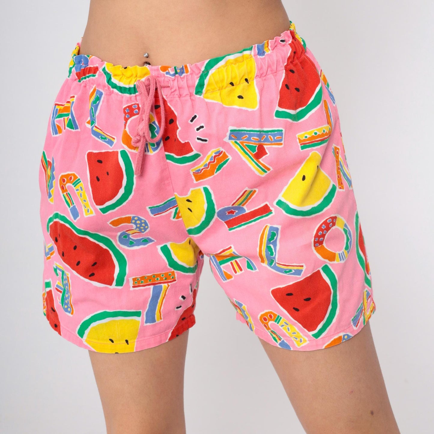 90s Tropical Watermelon Alphabet Print Shorts Pink Drawstring Small Medium