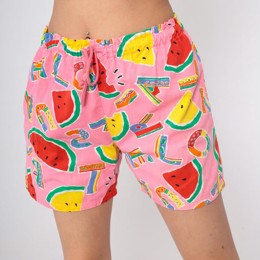 90s Tropical Watermelon Alphabet Print Shorts Pink Drawstring Small Medium