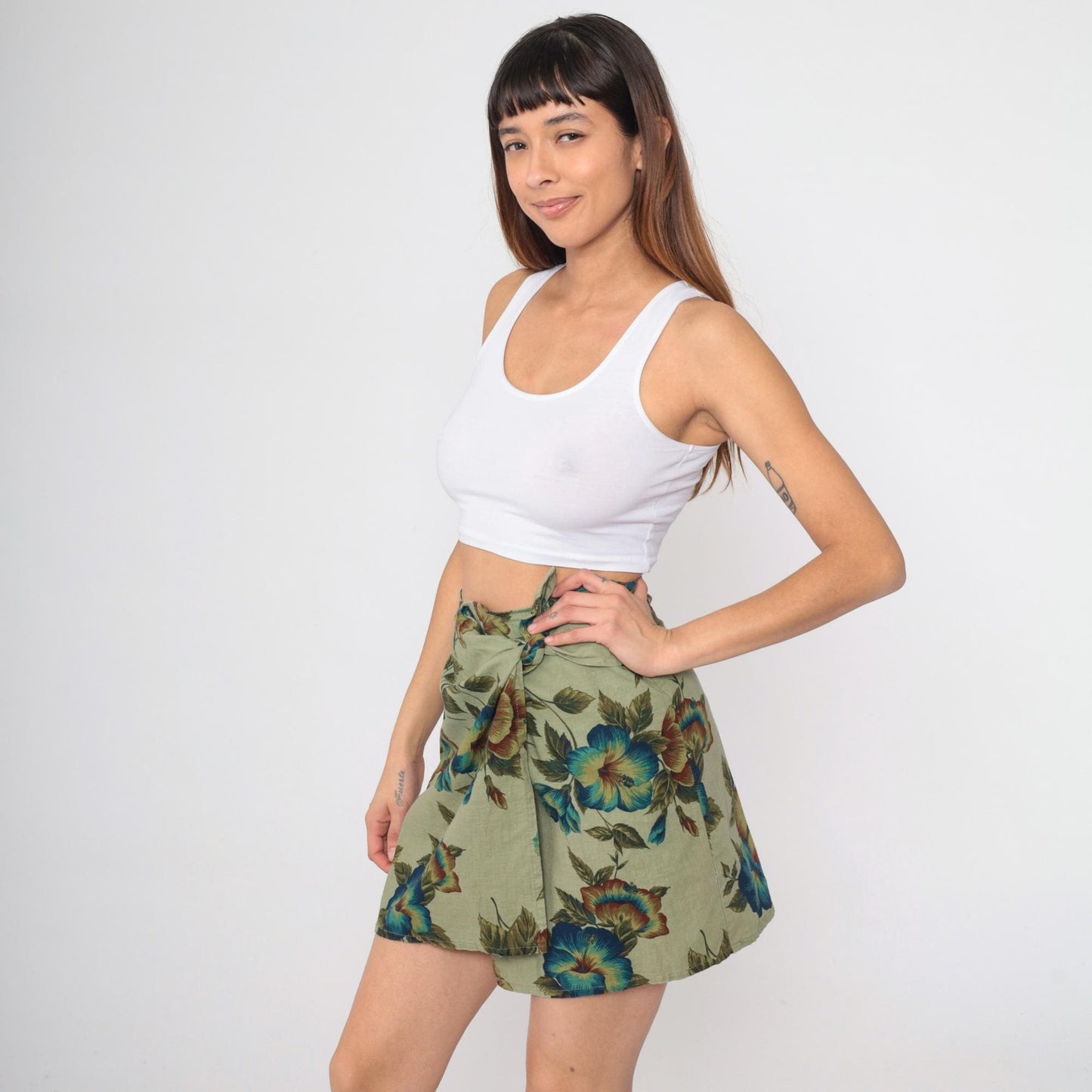90s Express Tropical Floral Wrap Skirt Green Mini Linen Cotton Small