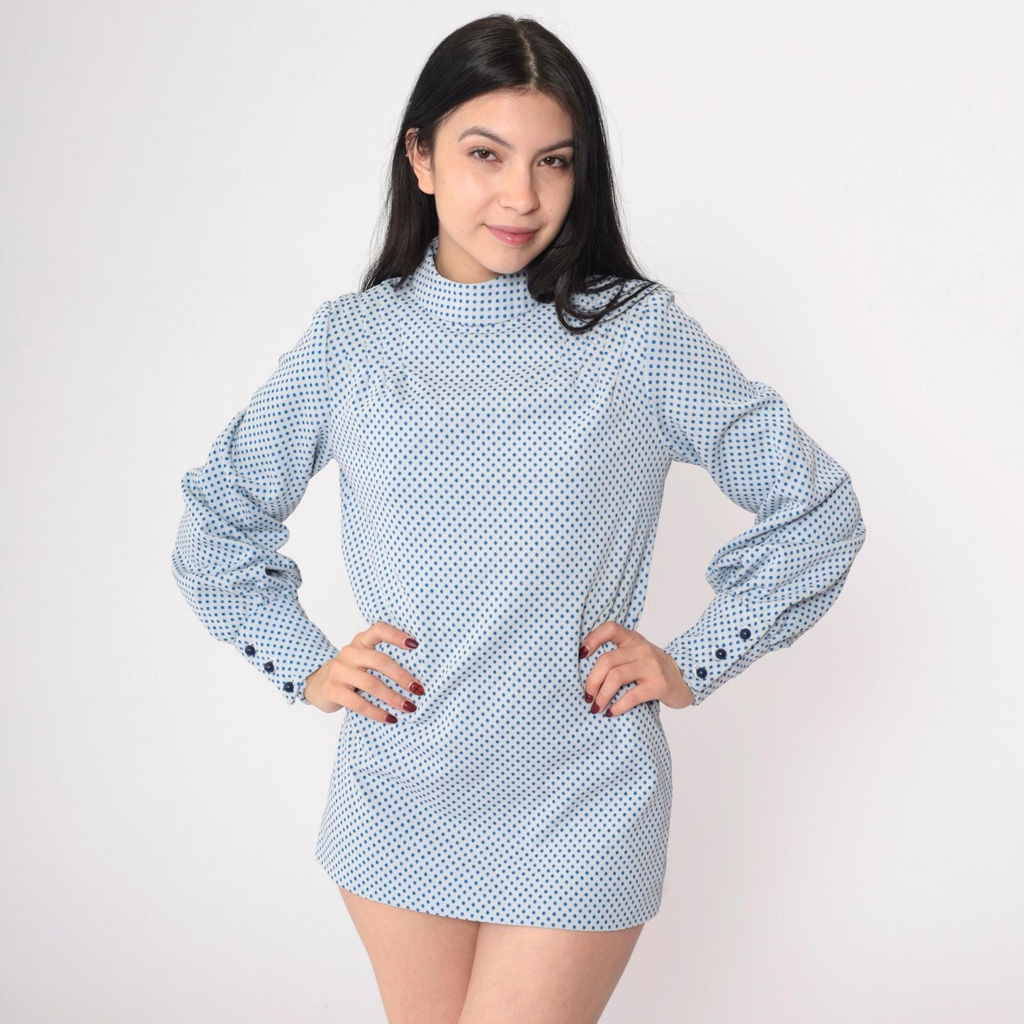 60s Mod Blouse White Blue Polka Dot Mock Neck Long Sleeve Small