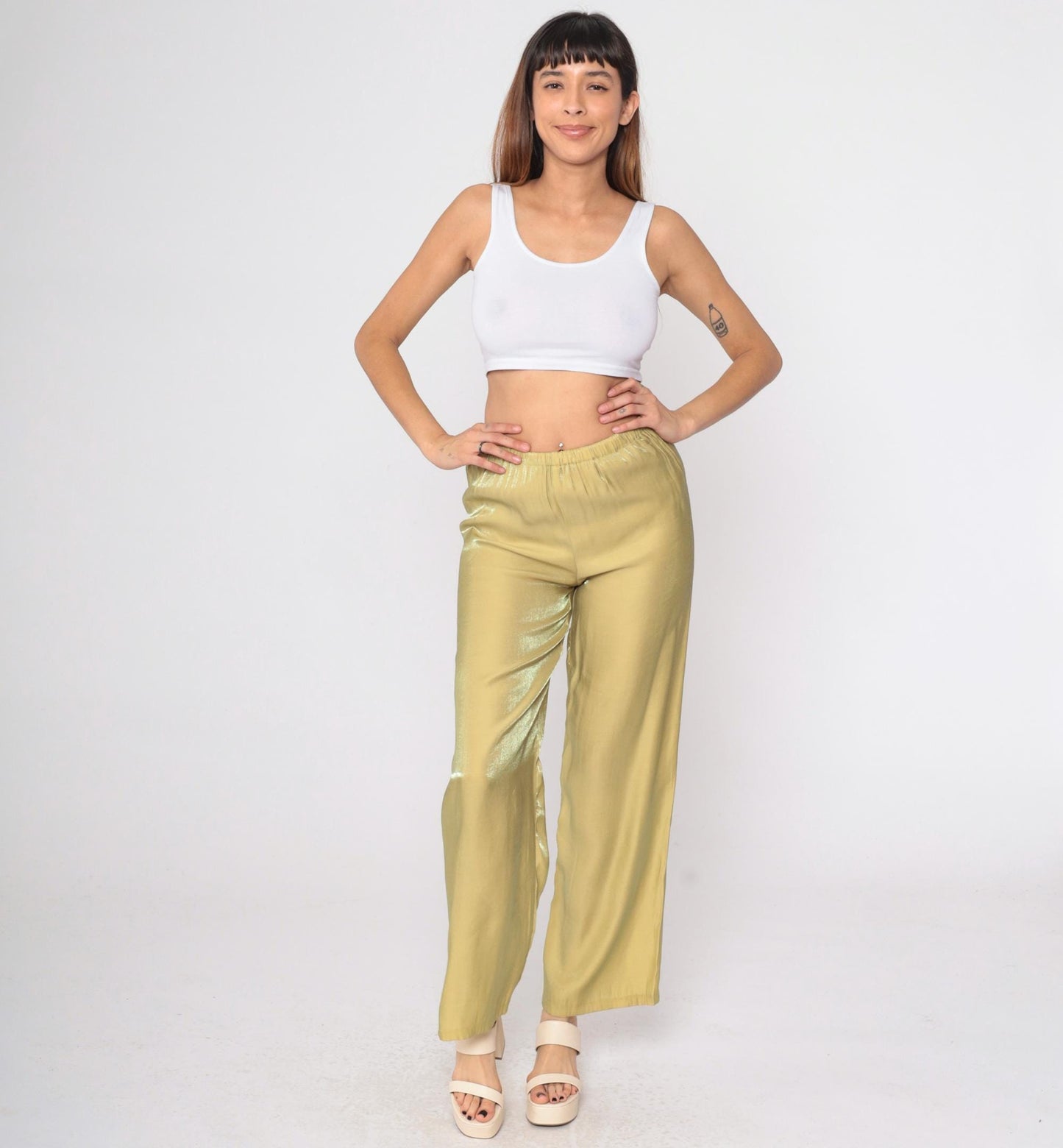 90s Iridescent Gold Metallic Straight Leg Trousers High Waist Small XS