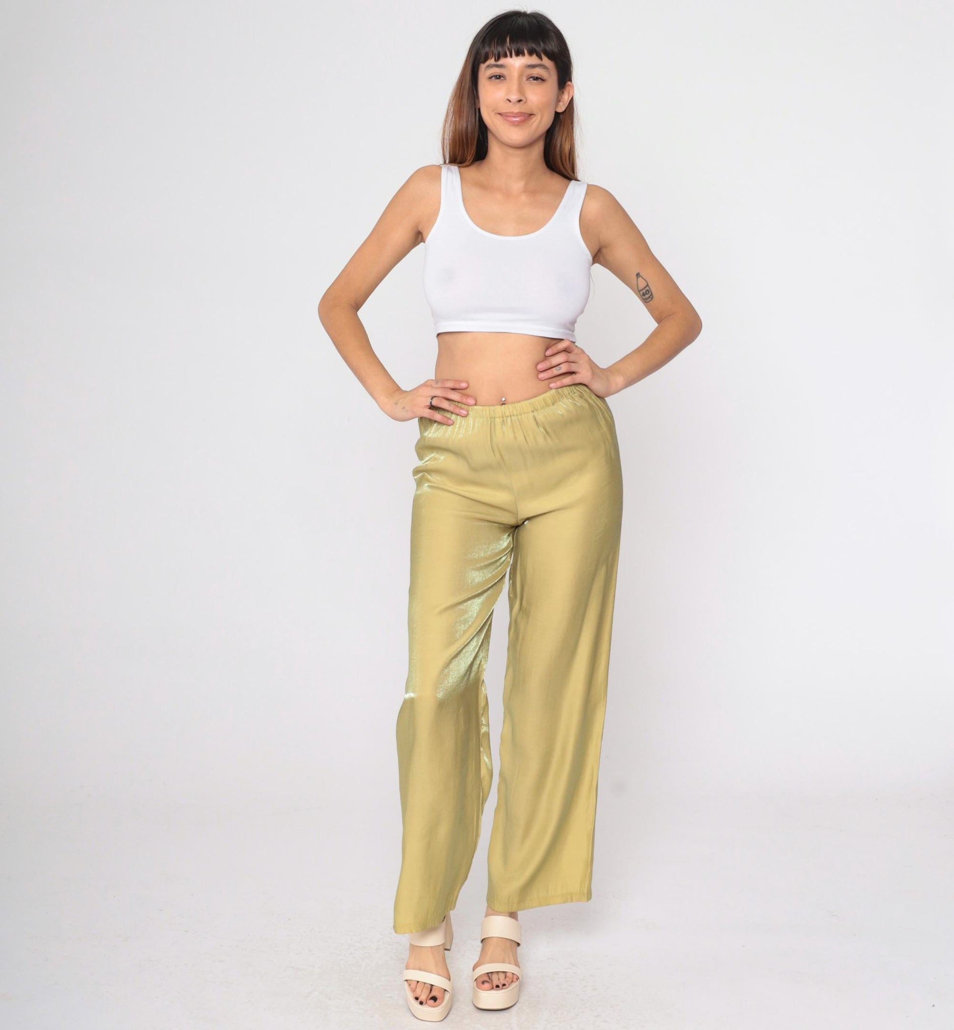 90s Iridescent Gold Metallic Straight Leg Trousers High Waist Small XS