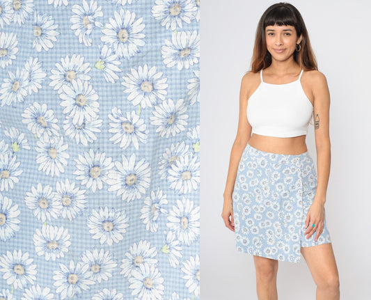 90s Paquette Byer California Floral Gingham Skort Baby Blue High Waist Mini Medium